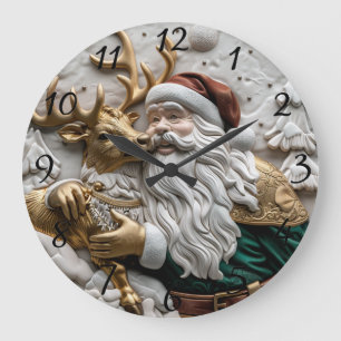 Santa joyfully shares moments with reindeer large clock