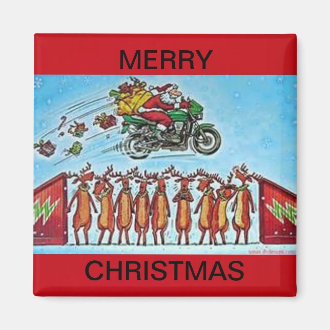 Santa Jumping Reindeer on a Refrigerator Magnet (Front)