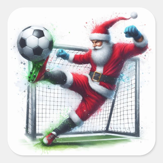 Santa Kicking a Soccer Ball at a Winter Field Square Sticker (Front)