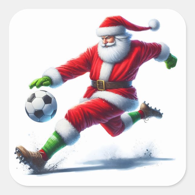 Santa Kicking a Soccer Ball Outside Square Sticker (Front)