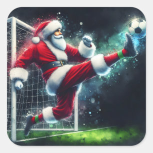 Santa Kicks a Soccer Ball in a Festive Atmosphere Square Sticker