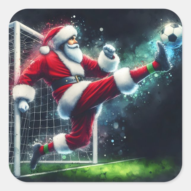 Santa Kicks a Soccer Ball in a Festive Atmosphere Square Sticker (Front)