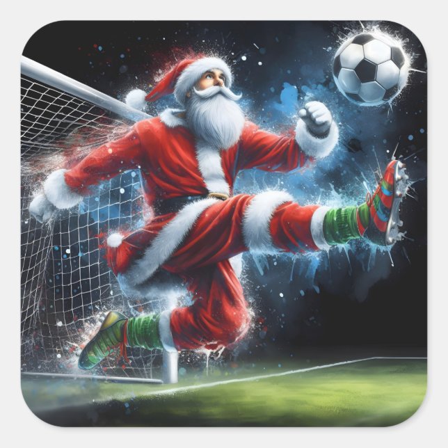Santa Kicks a Soccer Ball in Winter Square Sticker (Front)