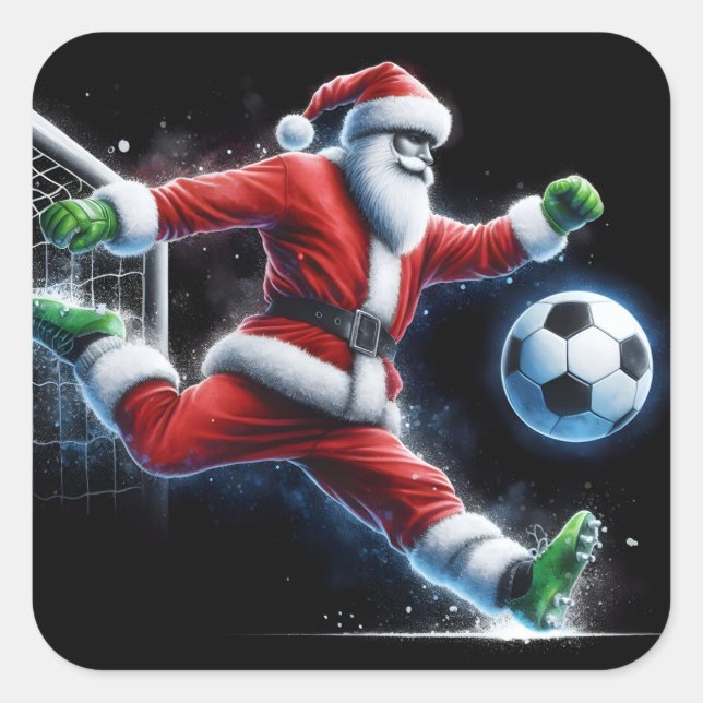 Santa Kicks a Soccer Ball in Winter Square Sticker (Front)