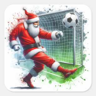 Santa Kicks a Soccer Ball Towards the Goal Square Sticker