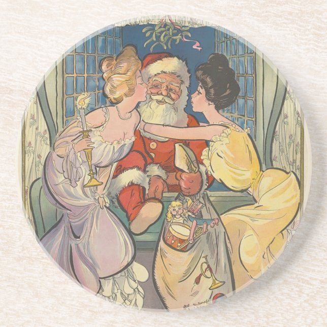 Santa Kissing Vintage Christmas Card Coaster (Front)