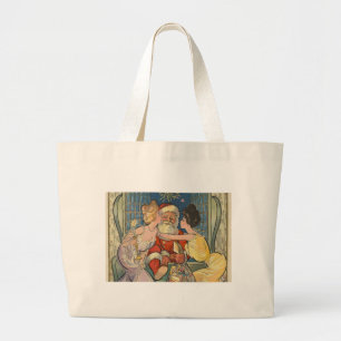 Santa Kissing Vintage Christmas Card Large Tote Bag