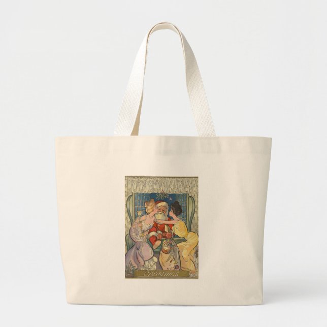 Santa Kissing Vintage Christmas Card Large Tote Bag (Front)
