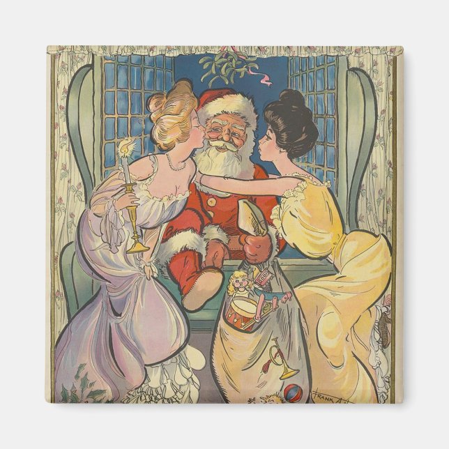 Santa Kissing Vintage Christmas Card Magnet (Front)