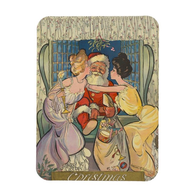 Santa Kissing Vintage Christmas Card Magnet (Vertical)