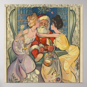 Santa Kissing Vintage Christmas Card Poster