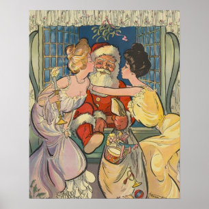 Santa Kissing Vintage Christmas Card Poster