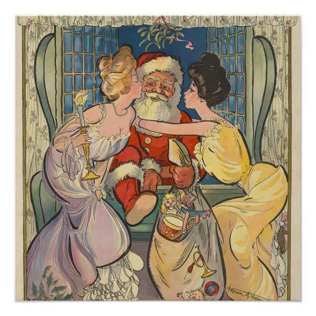 Santa Kissing Vintage Christmas Card Poster (Front)