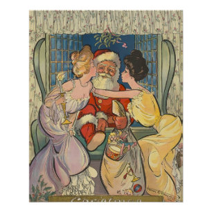 Santa Kissing Vintage Christmas Card Poster