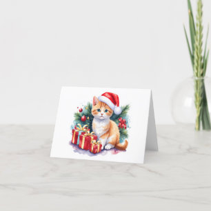 Santa Kitten (orange/white) with Gifts BLANK  Holiday Card