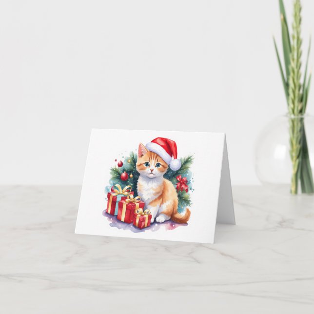 Santa Kitten (orange/white) with Gifts BLANK  Holiday Card (Front)