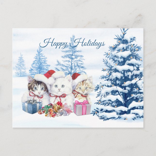 Santa kittens, pine trees Christmas Postcard (Front)