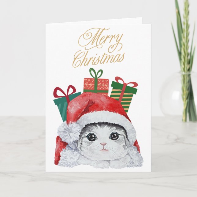 Santa Kitty Cute Watercolor Holiday Card (Front)