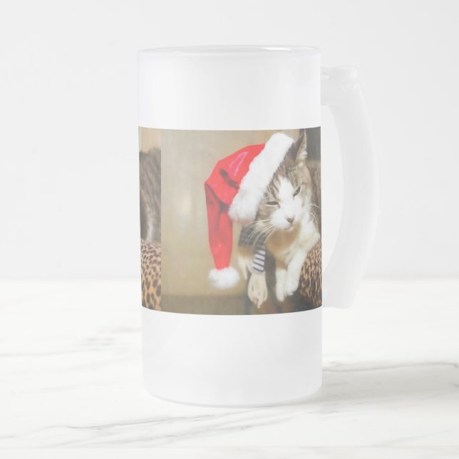 Santa Kitty Painterly Frosted Glass Beer Mug (Front Right)