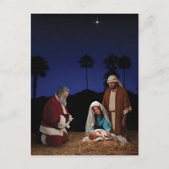 Santa Kneeling at Nativity Holiday Postcard (Front)