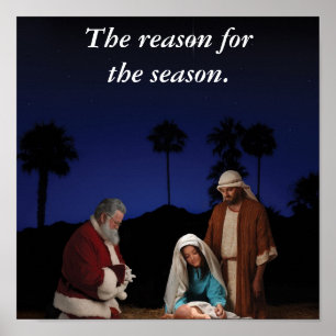 Santa Kneeling at Nativity Poster