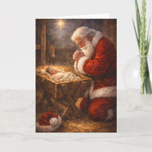 Santa Kneeling at the Manger Christmas Card