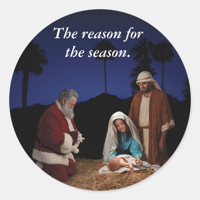 Santa Kneeling at the Nativity Classic Round Sticker (Front)