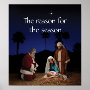 Santa kneeling at the Nativity Poster