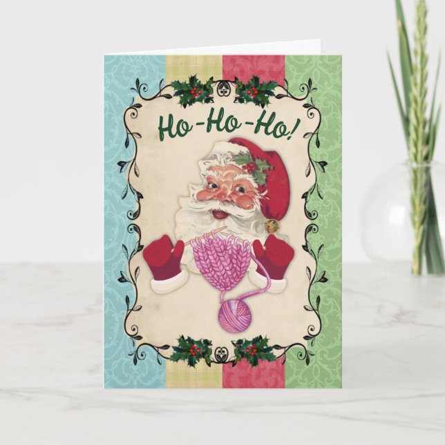 Santa knitting needles Christmas handmade gift Holiday Card (Front)