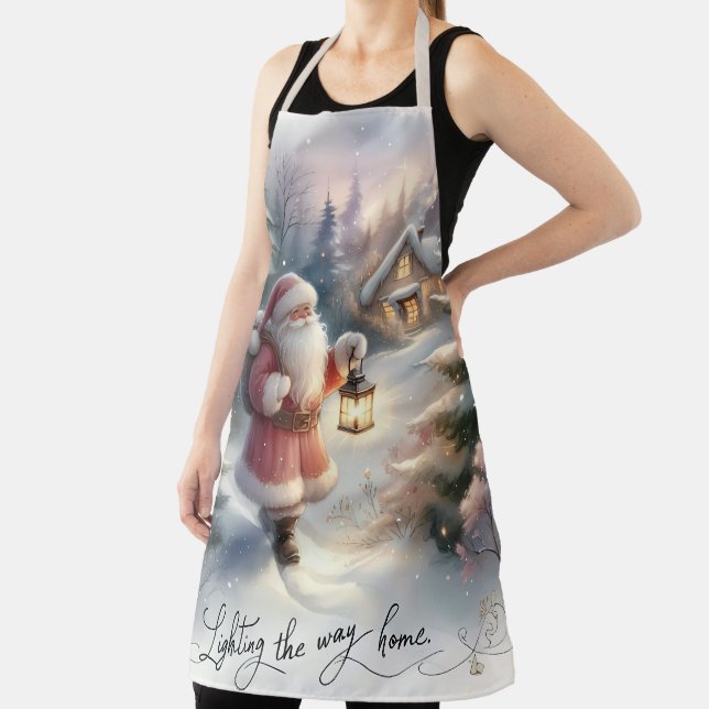 Santa Lantern Walk Winter Cottage Scene Apron (Insitu)