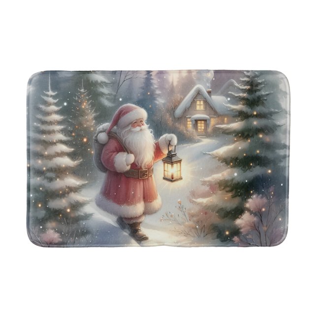 Santa Lantern Walk Winter Cottage Scene Bath Mat (Front)