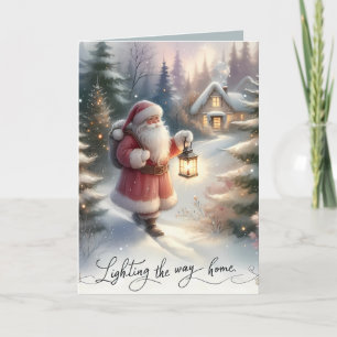 Santa Lantern Walk Winter Cottage Scene Card