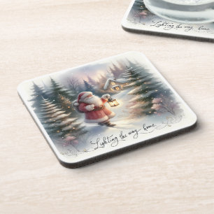 Santa Lantern Walk Winter Cottage Scene Coaster