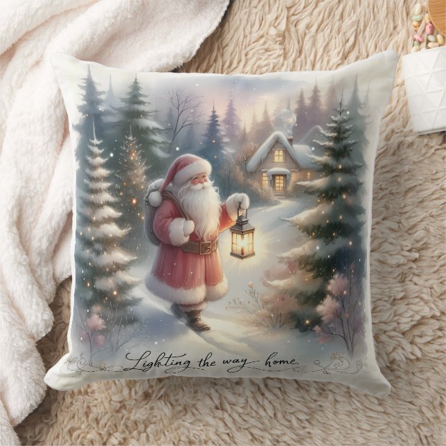 Santa Lantern Walk Winter Cottage Scene Cushion (Blanket)