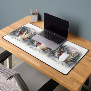 Santa Lantern Walk Winter Cottage Scene Desk Mat