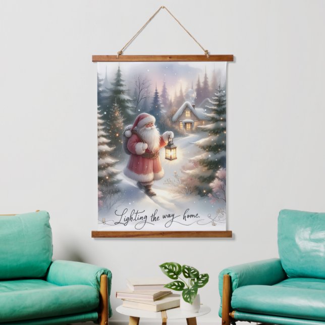 Santa Lantern Walk Winter Cottage Scene Hanging Tapestry (Living Room)