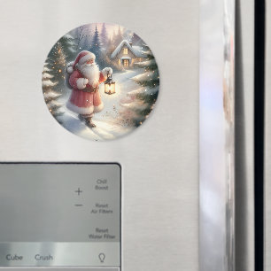 Santa Lantern Walk Winter Cottage Scene Magnet