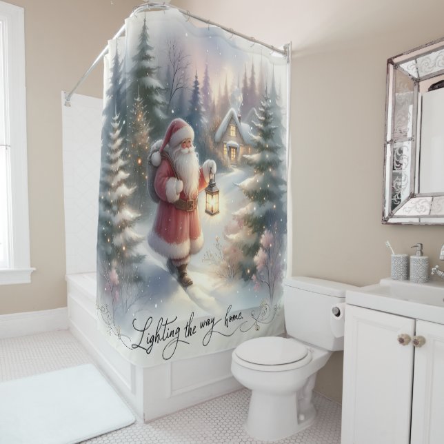 Santa Lantern Walk Winter Cottage Scene Shower Curtain (In Situ)