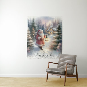 Santa Lantern Walk Winter Cottage Scene Tapestry