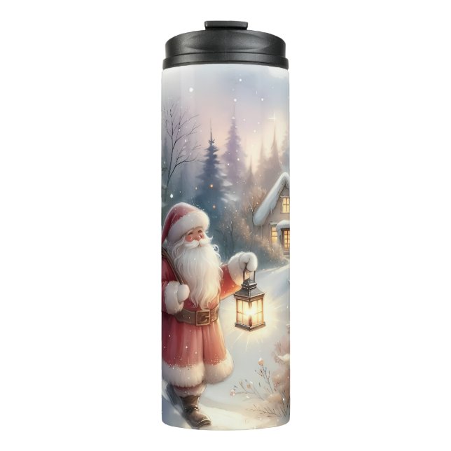 Santa Lantern Walk Winter Cottage Scene Thermal Tumbler (Front)