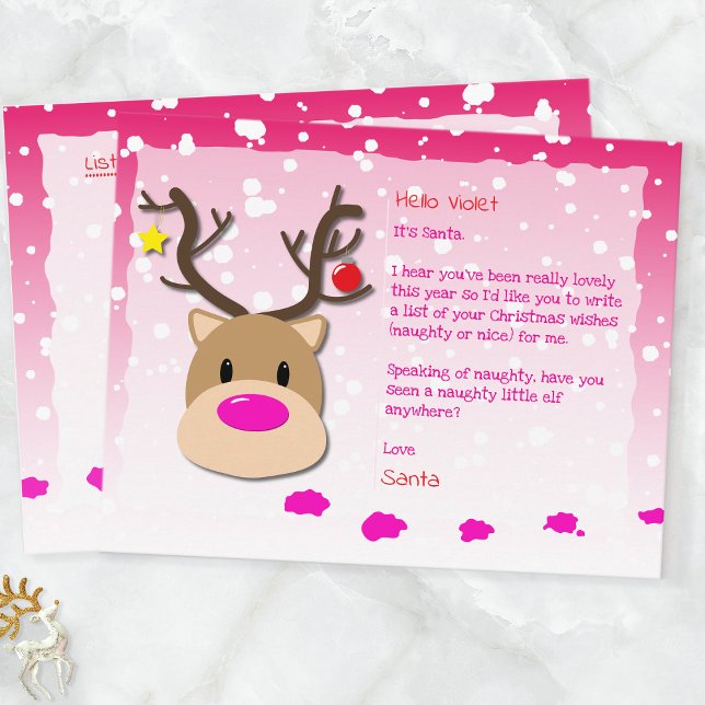 Santa Letter, Christmas List, Postcard For kids (Pink Reindeer & Elf Santa Postcard For Kids)