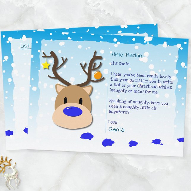 Santa Letter, Christmas List, Postcard For kids (Blue Reindeer & Elf Santa Postcard For Kids)