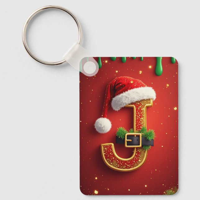 Santa Letter J Monogram Holiday Wreath 🎅 Key Ring (Front)