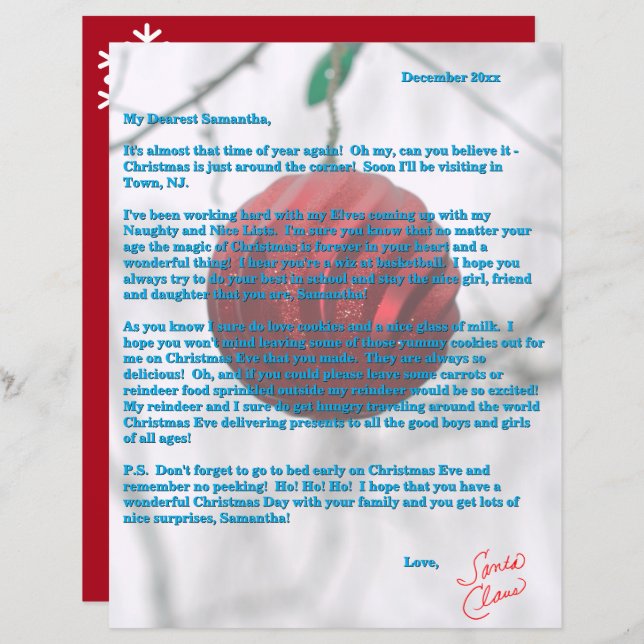 Santa Letter Red Ornament Snowflakes (Front/Back)