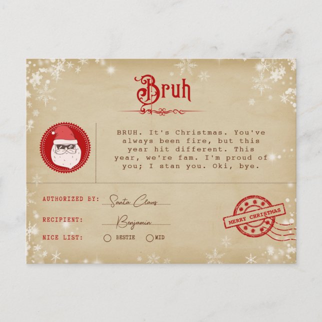 Santa Letter to Teen Christmas Telegram Holiday Postcard (Front)