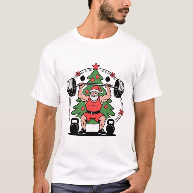 Santa Lifting Weights Christmas Tree Fitness T-Shirt (Front)