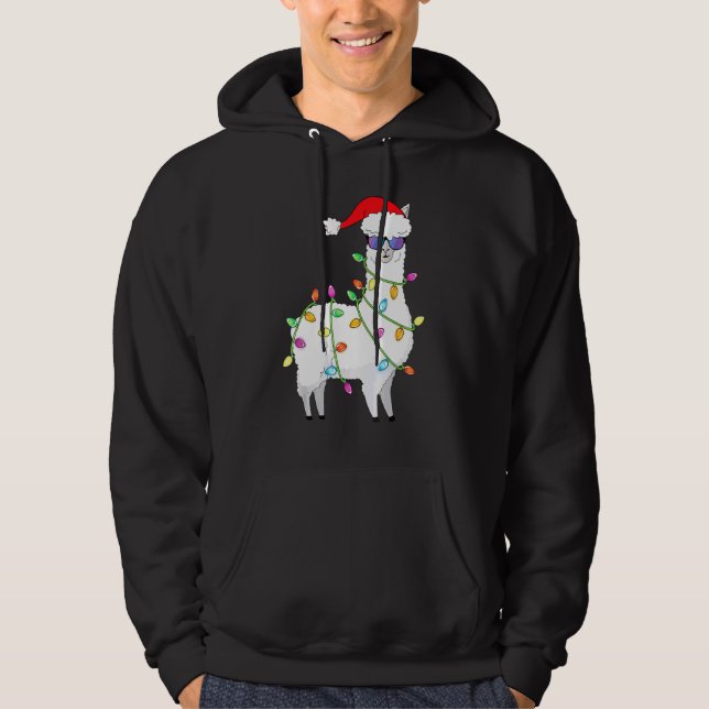 Santa Llama Christmas Tree Lights Llama Xmas Hoodie (Front)