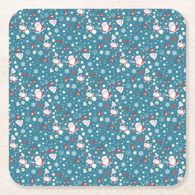 Santa Love Pattern Square Paper Coaster (Front)