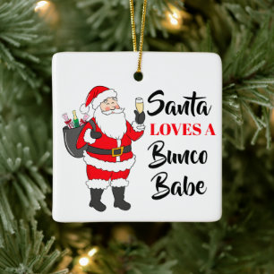 Santa Loves A Bunco Babe Funny Wine Custom Ceramic Ornament