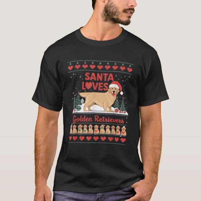 Santa Loves Golden Retrievers Ugly Christmas Funny T-Shirt (Front)